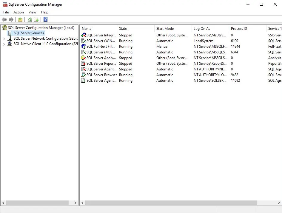 پنجره sql server configuration manager