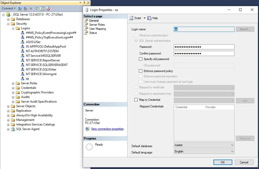 تنظیمات یوزر sa در SQL SERVER